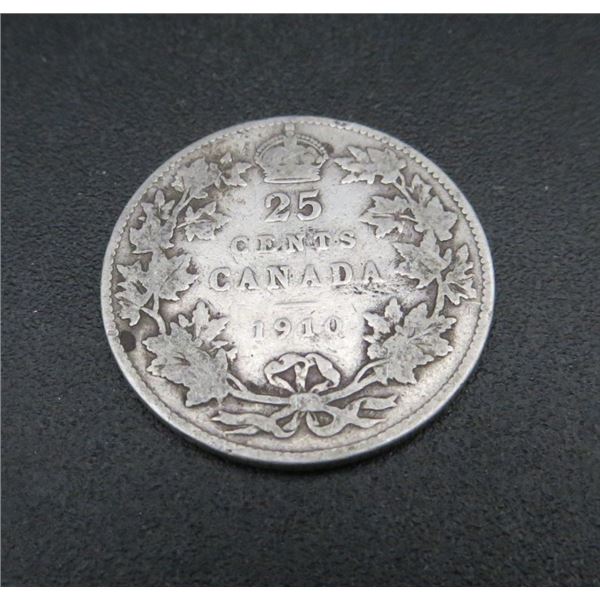 1910 Canadian Silver 25 Cent Coin