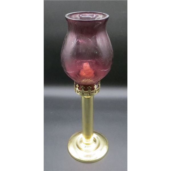 Brass & Purple Glass Candle Holder Made in Japan 13" Tall