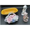 Image 1 : Vintage Enamel Dish with Enesco & Flower Collectible Figures