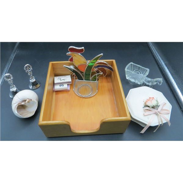 Estate Lot Trinket Box, Toothpick Holder, Rooster Candle Holder, Wooden Napkin Holder & More