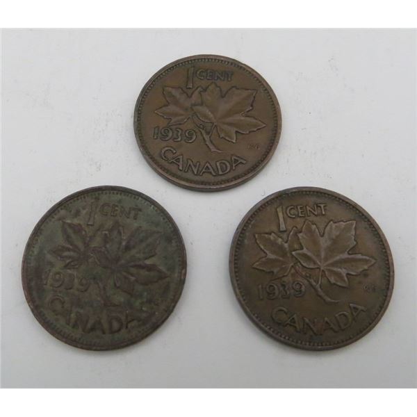 3x Canadian Pennies 1939