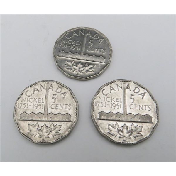 3x Canadian Nickels 1951