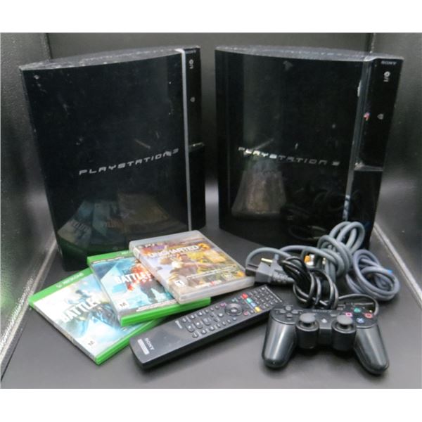 2 Sony PlayStation 3 PS3 Consoles With Games, Controller Cords & Remote
