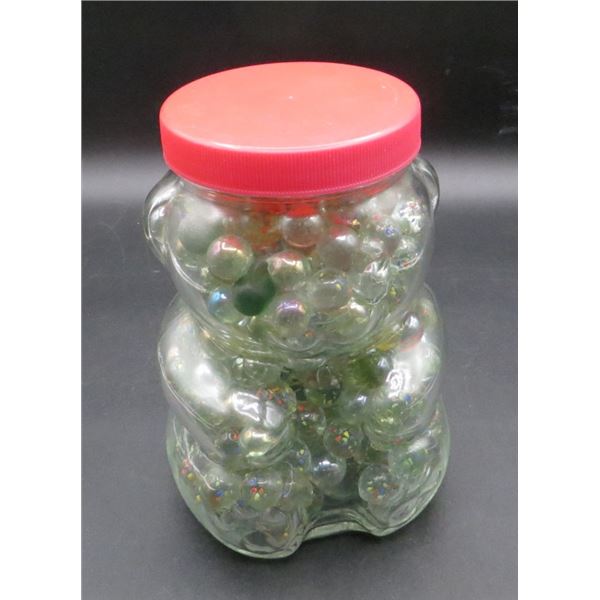 Vintage Kraft Glass Peanut Butter Bear 7.5" Tall Jar Full Of Vintage Marbles