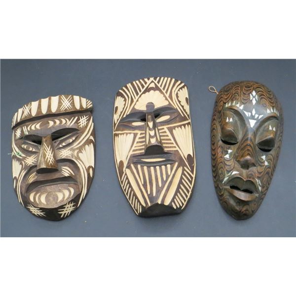 Lot Of 3 Wooden Carved Masks 7 & 8 Inches Tall
