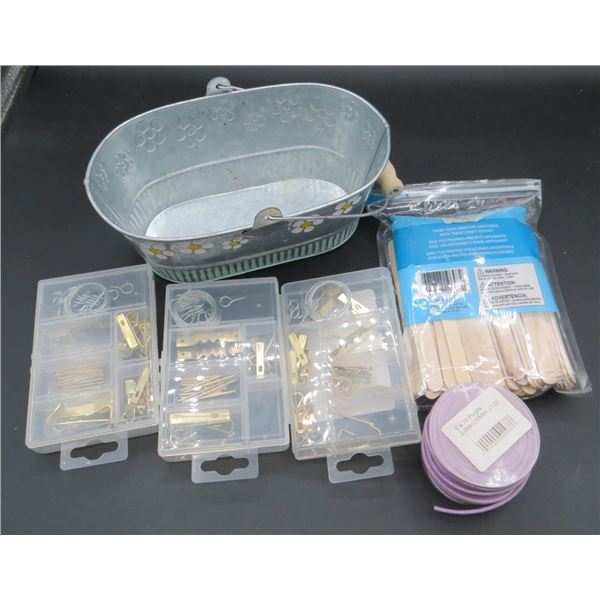 Tin With Craft Supplies Wax Cotton Cord, Craft Sticks and Picture Hanging Hardware