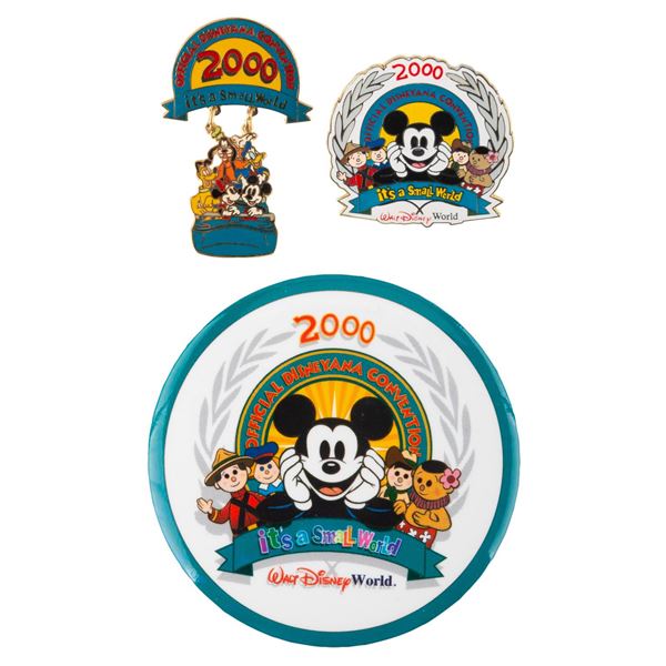 A Pair of It's a Small World Disneyana 2000 Convention Pins & Button.