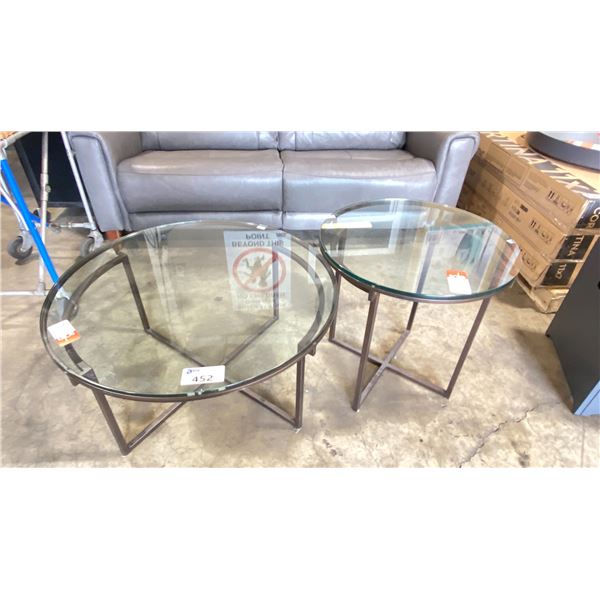 2PCS CHARCOAL METAL 36" ROUND DESIGNER GLASS TOP COCKTAIL TABLE WITH 24" ROUND END TABLE SET