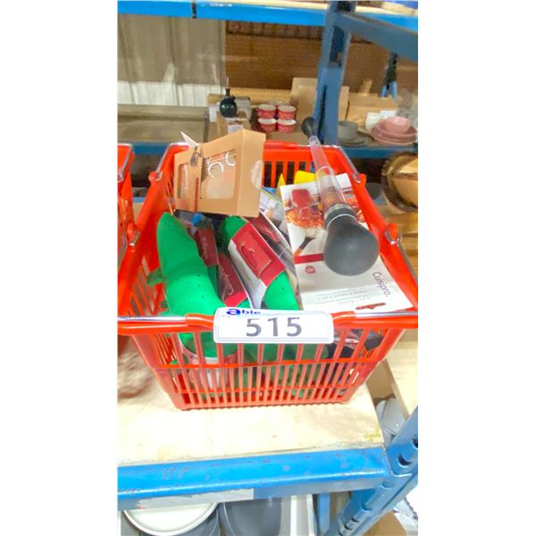 SHOPPING BASKET OF ASSORTED KITCHEN WARE; SERVING SPOONS, TARTLET PANS AND MORE