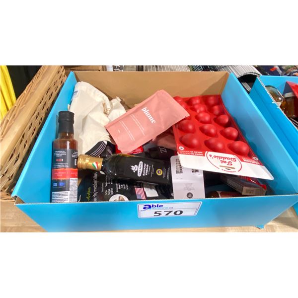 BOX OF ASSORTED KITCHENWARE; SILICONE BAKING MOLD, PASTRY BAGS, BALSAMIC VINEGAR AND MORE