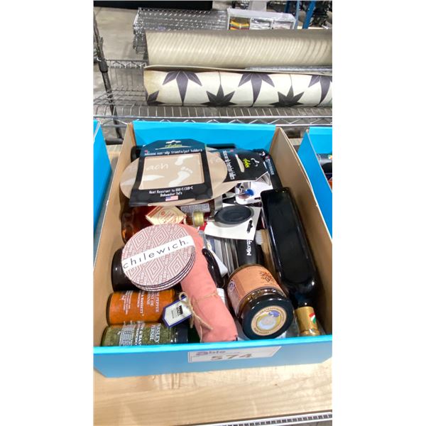 BOX OF ASSORTED KITCHENWARE; ASSORTED SPICES, BALSAMIC VINEGAR, CHILEWICH COASTERS, AND MORE