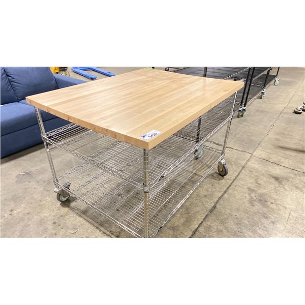 ROLLING 3 TIER RACK WITH BUTCHER BLOCK TABLE APPROX 49X38X35"