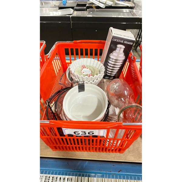 SHOPPING BASKET WITH ASSORTED BAKEWARE, MEASURING CUP, COCKTAIL SHAKER AND MORE