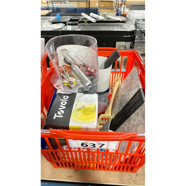 SHOPPING BASKET WITH ASSORTED MINI TONGS, TOVOLO COLOSSAL CUBE ICE MOLD, SERVING BOARD AND MORE