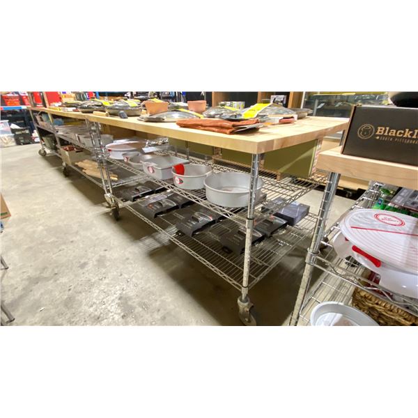 ROLLING 3 TIER RACK WITH BUTCHER BLOCK TABLE APPROX 73 X 38 X 35"