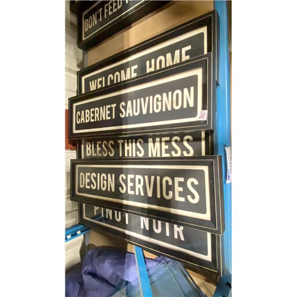 5 ASSORTED BLACK FRAMED STREET SIGN ART