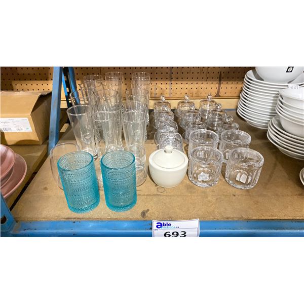 ASSORTED GLASSWARE, SUGAR BOWLS, COVERED DISHES & PLASTIC WINE GLASSES