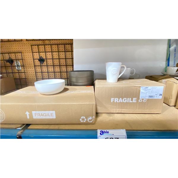 2 CASES OF MUGS, 5 PASTA PLATES & 6 BOWLS