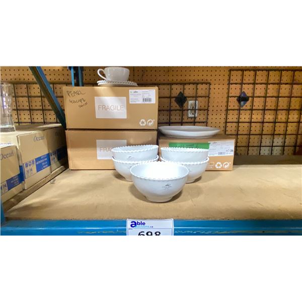 2 CASES OF COSTA NOVA PEARL TEA CUP / SAUCER SETS, 5 COSTA NOVA PEARL BOWLS & 6 DINNER PLATES
