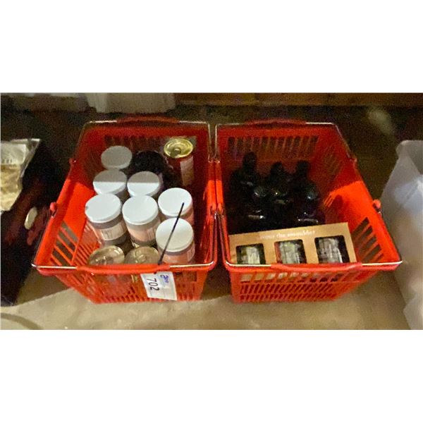 2 SHOPPING BASKETS WITH ASSORTED FOOD ITEMS INCLUDING PURE MAPLE SYRUP, SMOKED OLIVES, HAZELNUT