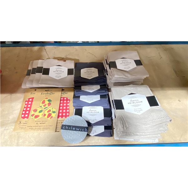 ASSORTED DANICA HEIRLOOM LINEN KITCHEN TOWELS, WAX FOOD WRAPS / BAGS & CHILEWICH COASTERS