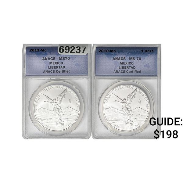 [2 Coins] 2010-2011 Mo Mexico Libertad 1 Onza ANACS MS70