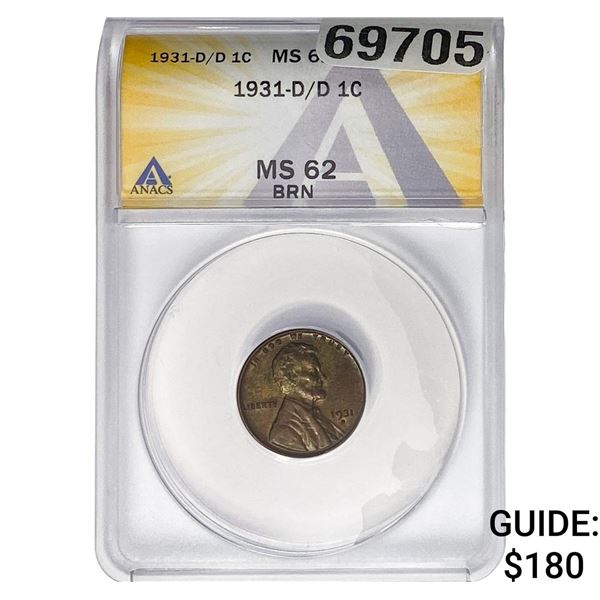 1931-D/D Wheat Cent ANACS MS62 BRN