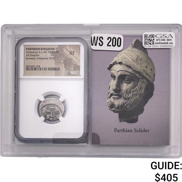 Parthian Artabanus V, c.AD79/80-85 Silver Drachm NGC XF