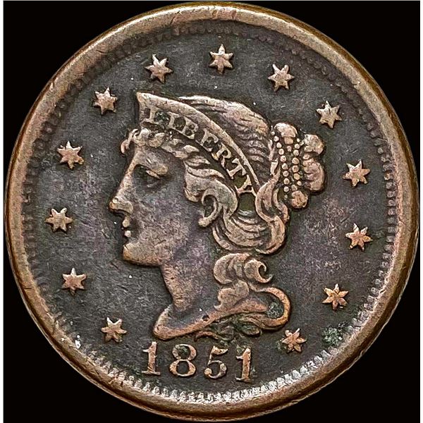 1851 Braided Hair Large Cent LIGHTLY CIRCULATED