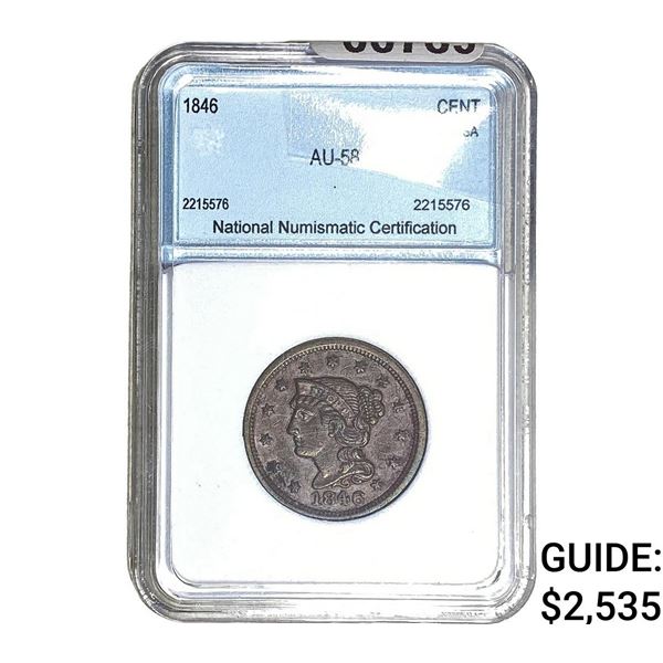 1846 Braided Hair Large Cent NNC AU58