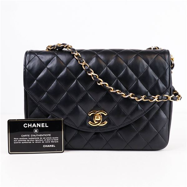 Excellent Vintage 1980s Chanel Black/Gold Hardware Quilted Lambskin Half-Moon Flap Bag 0 Series w/Bo