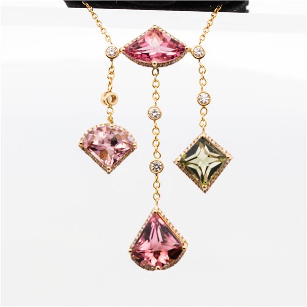 18KYG 10.01ct Multicolor Tourmaline & Natural Diamond Necklace, 19"