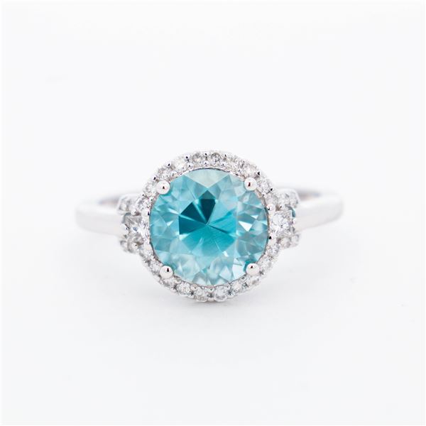 14KWG Beautiful 3.52ct Blue Zircon & .28ctw Natural Diamond Ring, sz 7