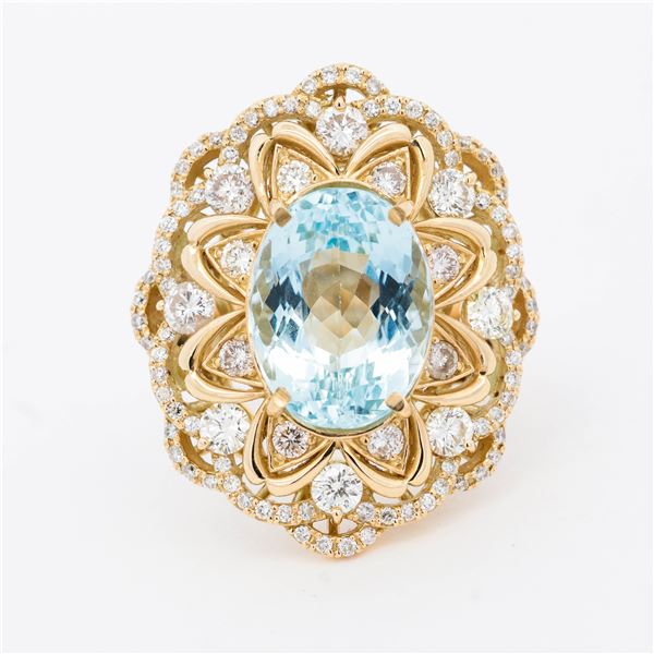 18KYG 6.61ct Aquamarine & 2.25ctw Natural Diamond Ring, Size 5.75