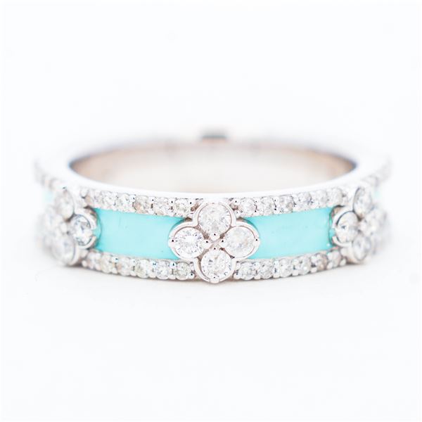 14KWG Stackable 0.60ctw Natural Diamond Turquoise Enamel Ring sz 6.75