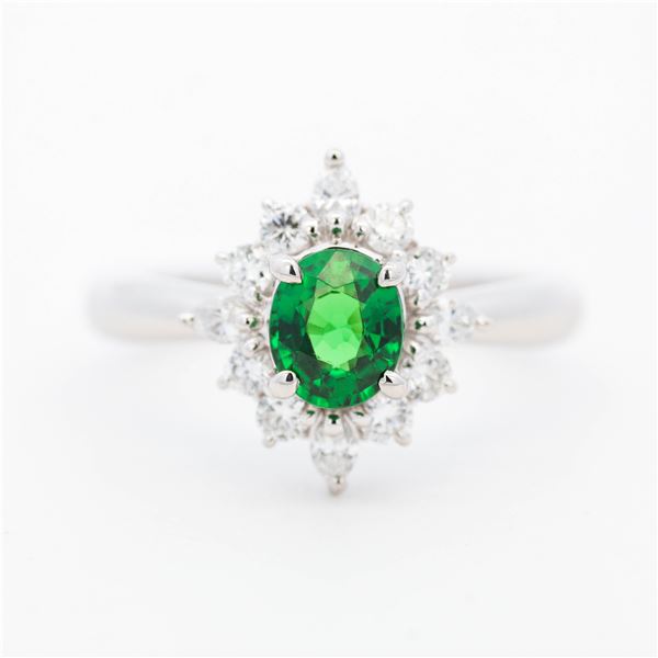 Pt900 Vivid Forest Green Tsavorite Garnet & Natural Diamond Halo Ring, 6.25