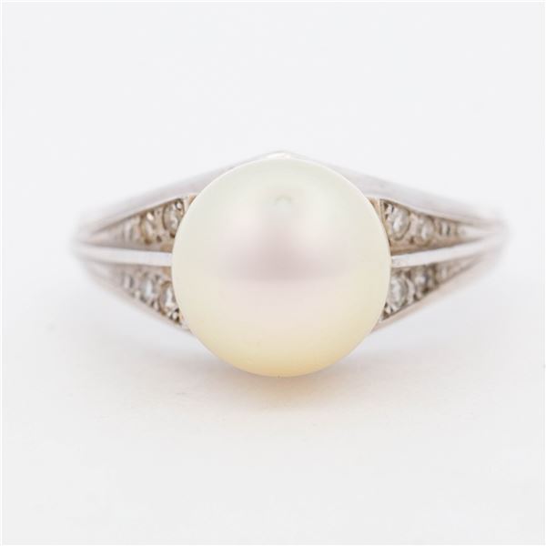 Pt900 Mid-Century Mikimoto 8.8mm Cultured Pearl & Natural Diamond Ring, 4