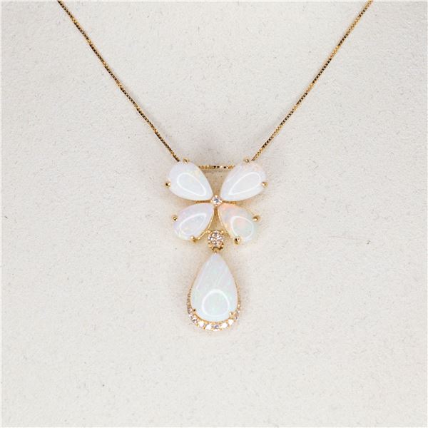 14KYG Australian Crystal Opal & Natural Diamond Pendant Necklace 18"