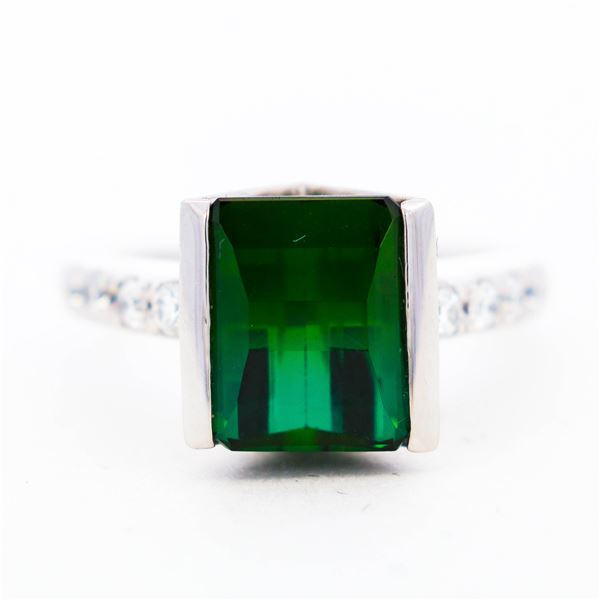 Pt900 3.877ct Green Tourmaline & 0.284ctw Natural Diamond Ring sz 5.75