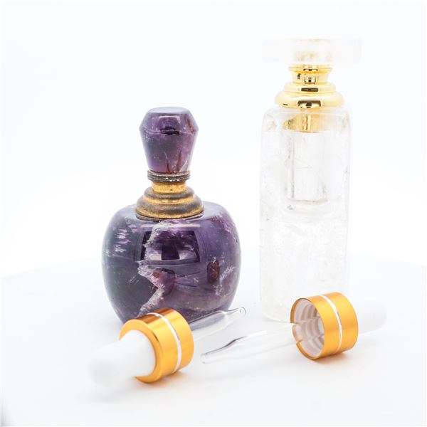 Set of 2 Carved Rock Crystal & Amethyst Perfume Bottles