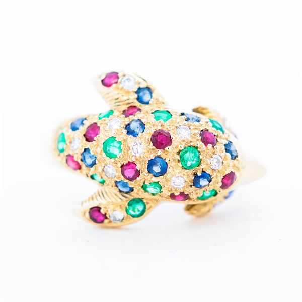 18KYG Estate 1.21ctw Ruby, Sapphire, Emerald 0.18ctw Diamond Panther Ring sz 6.25