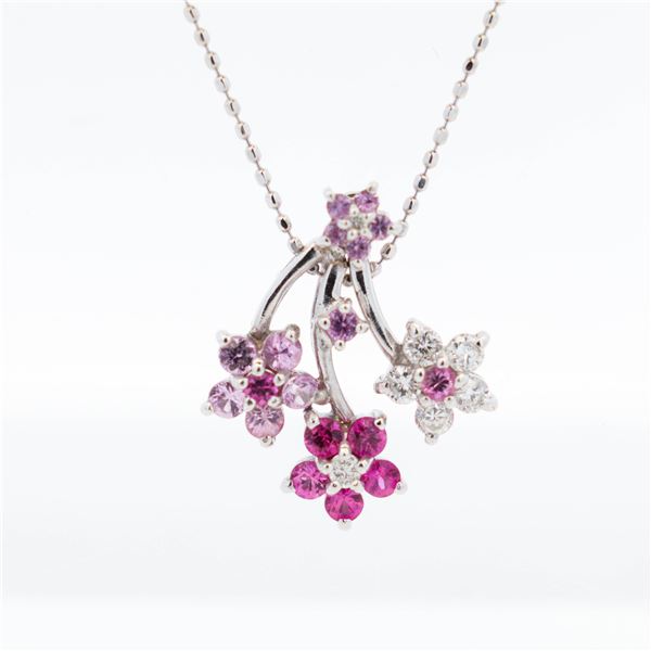 18KWG Pink-Sapphire & Natural Diamond Triple-Blossom Necklace, 16"