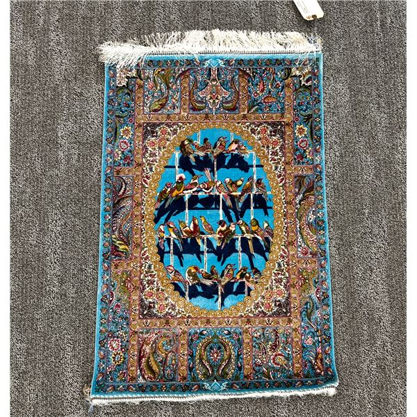 Rare Silk Persian Ghom Rug w/ Flowers & Birds 500 Knots per Inch