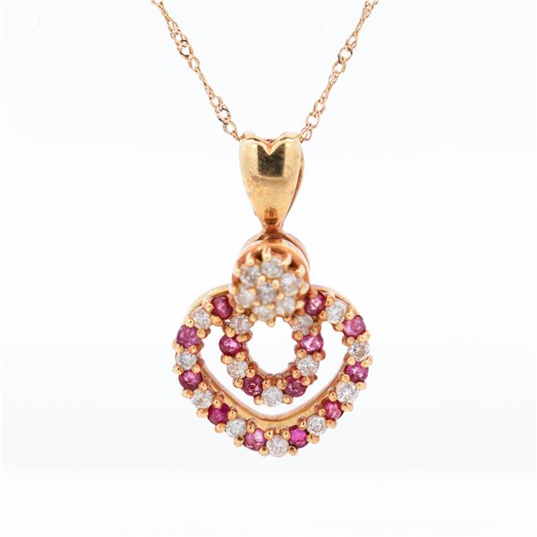 18KYG 1970s Romantic Revival Natural Ruby & Diamond Heart Necklace 18"