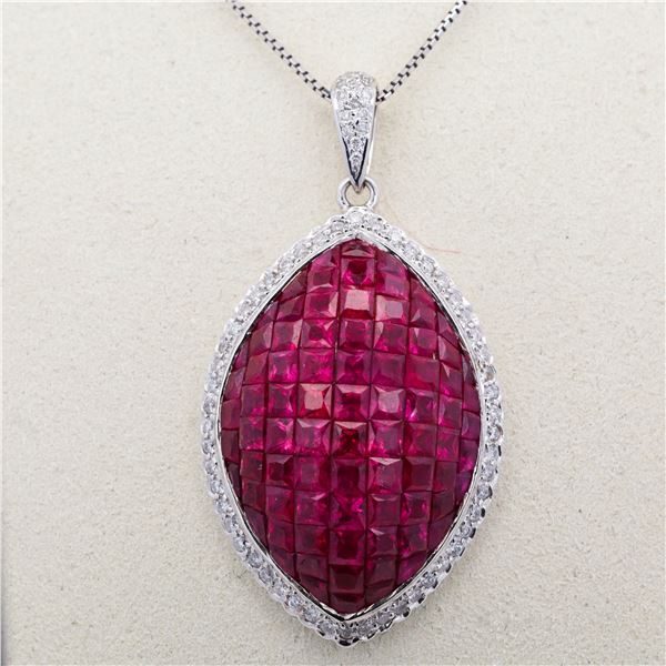 18K WG All Natural 8.75ctw Invisible Set Ruby 0.70ctw Diamond Pendant Necklace 18"