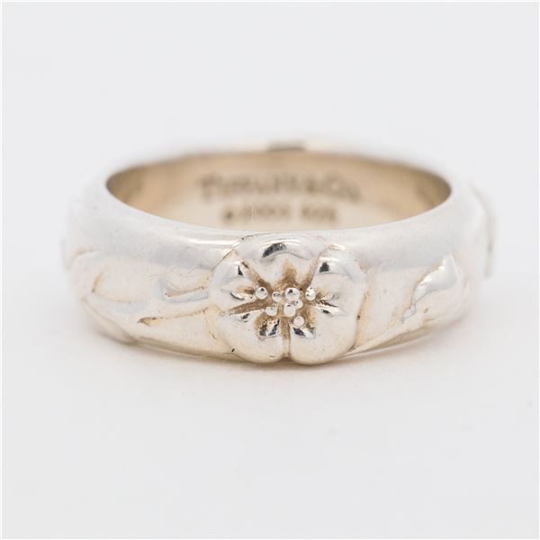 Tiffany & Co 2003 Sterling Silver Nature Rose Band, 4.5