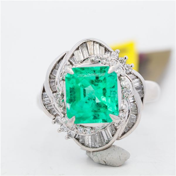 Platinum GIA Certified 2.95ct Colombian Emerald & 0.70ctw Diamond Ring, 7.75