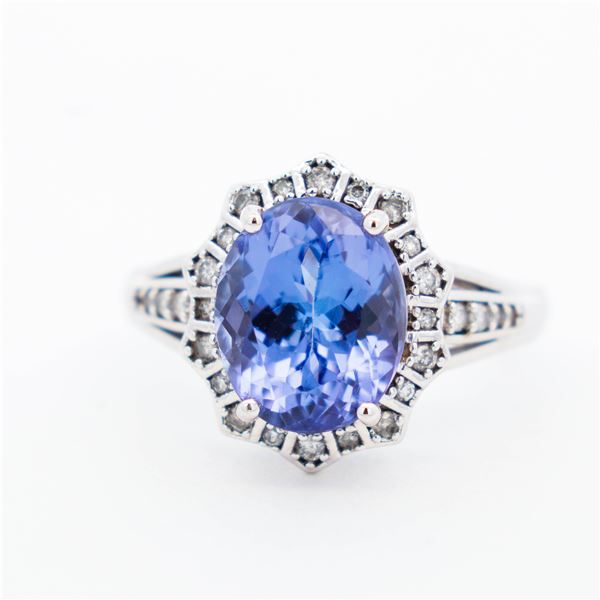 14KWG 4.75ct Tanzanite & Diamond Halo Ring, 7.25