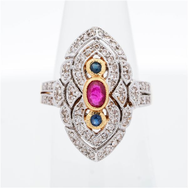 18KYG 0.26ct Ruby, 0.12ct Sapphire & 0.31ctw Diamond Ring, 6