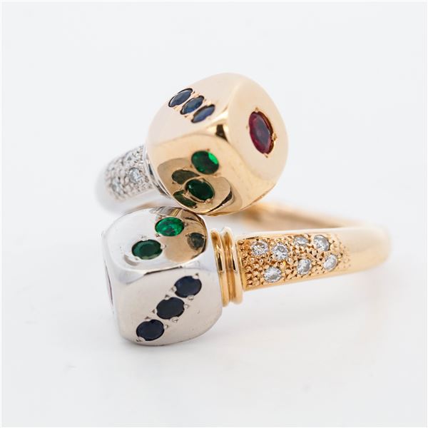 18KYG/Pt900 Diamond, Sapphire, Emerald & Ruby Dice Ring, 8.75